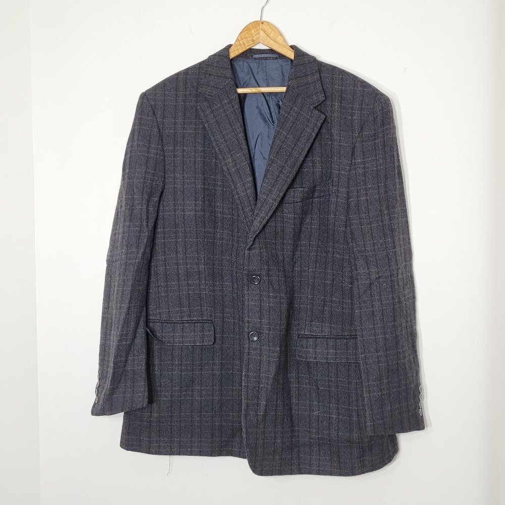 Vintage Boulevard Club Woolmark Black Blue Plaid Pure Wool Soft Sport Blazer 44T